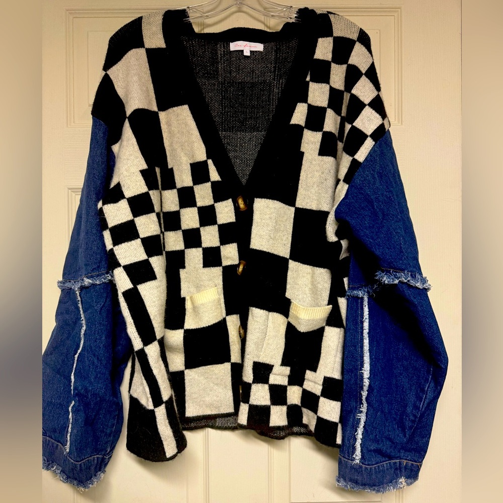 Denim and Checkerboard Cardigan